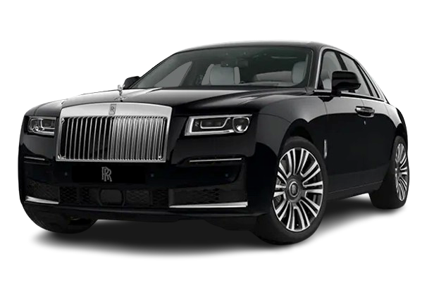 A sleek black Rolls Royce is shown on a black background, exuding luxury and elegance.