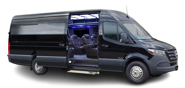 A black Mercedes Benz Sprinter van with the doors open, suitable for limo service or as a limousine.