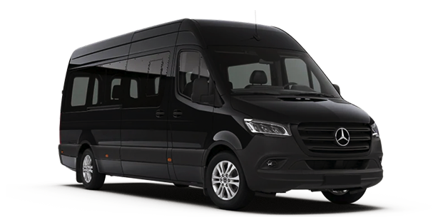 A black Mercedes Benz Sprinter van providing car service and airport transfer on a white background.