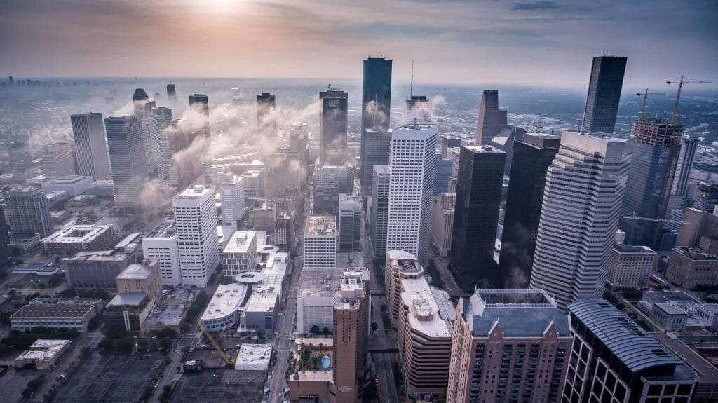 An aerial view of the bustling city of Houston, Texas.