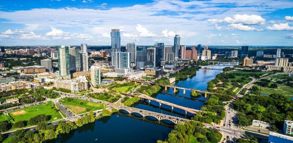 An aerial view of the city of Austin, Texas with a limo service Austin.