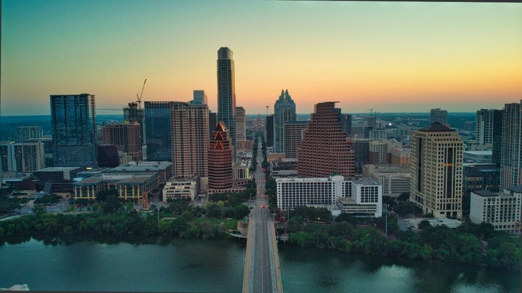 An aerial view of the city of Austin, Texas with a hint of sophistication offered by a limousine service.