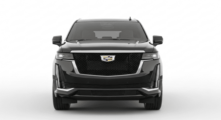 Front view of a sleek black Cadillac SUV with modern design elements.