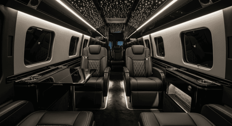 Interior of a luxurious private jet featuring leather seats and elegant lighting.