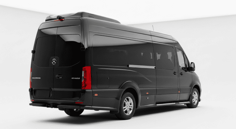 Luxury black Mercedes-Benz Sprinter van for executive travel and chauffeur services.
