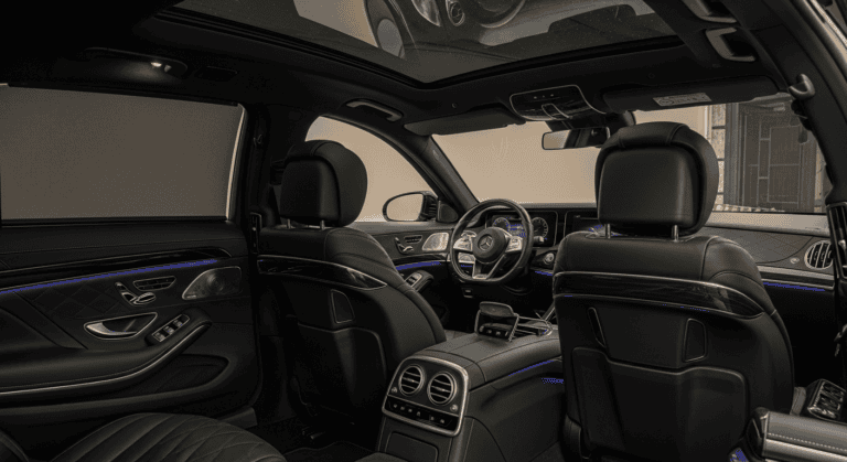 Interior view of a high-end vehicle showcasing plush seating and modern amenities.