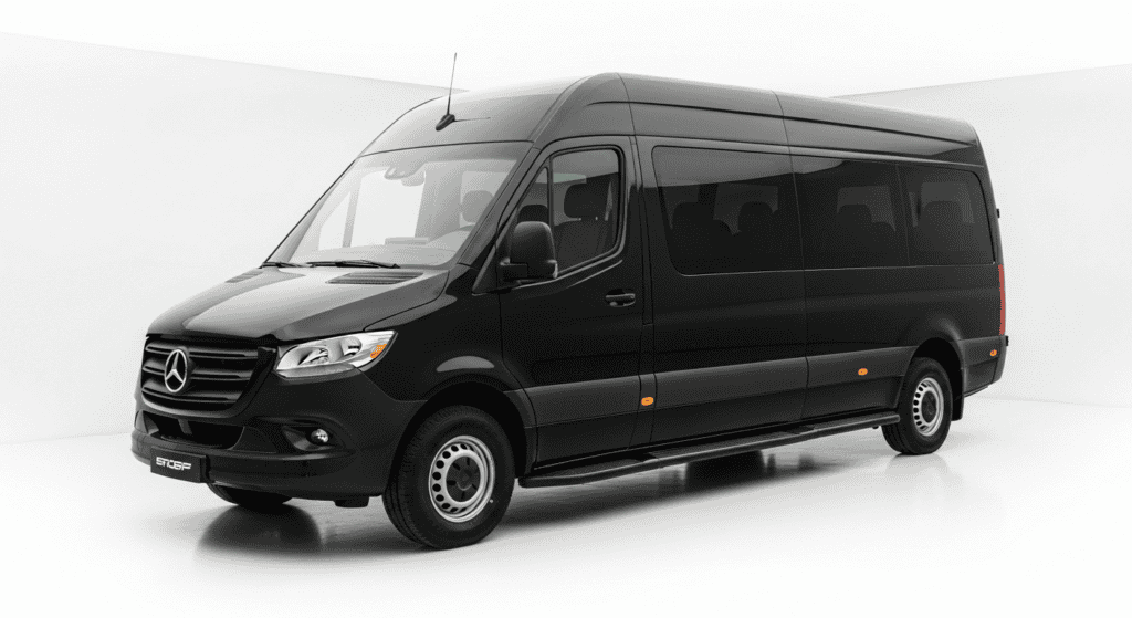 Black Mercedes-Benz Sprinter van for luxury executive travel and shuttle services.