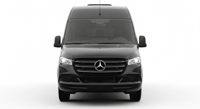 Front view of a sleek black Mercedes-Benz commercial van.