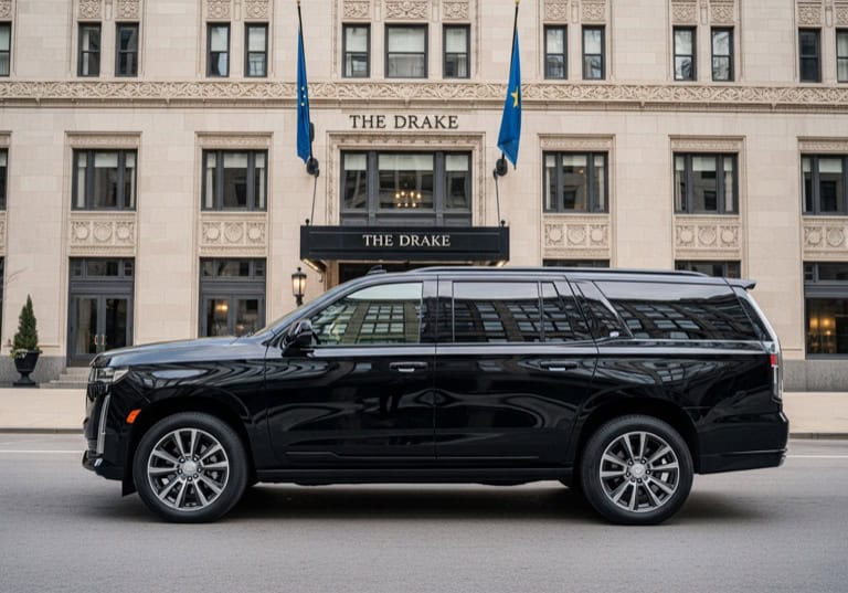 Black luxury SUV in front of The Drake hotel, a historic Chicago landmark.